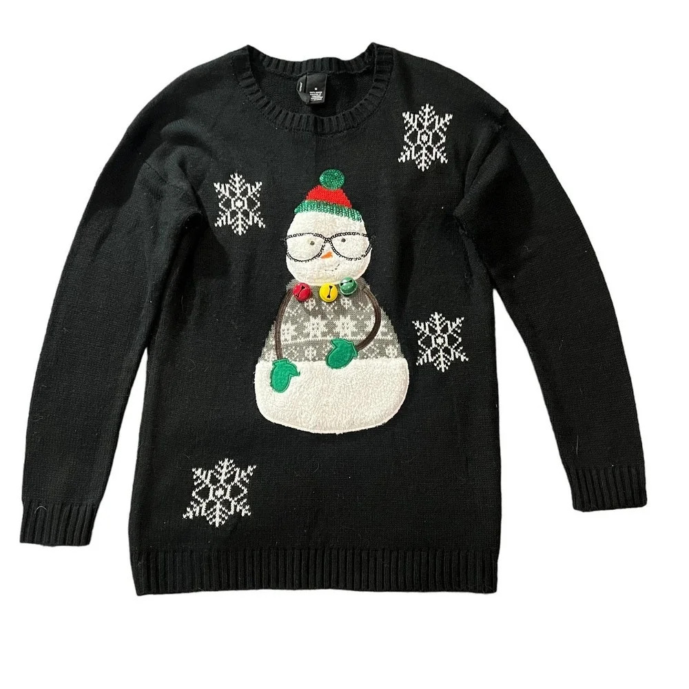 New Directions Women's‎ Medium Black Sequined Snowman Holiday Christmas Sweater